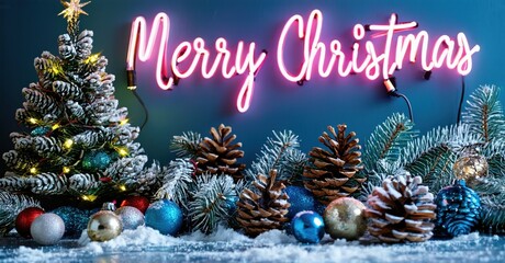 Obraz premium Festive scene depicts Christmas tree, ornaments, pinecones, snow. Bright neon sign displays holiday greeting. Winter ambiance.