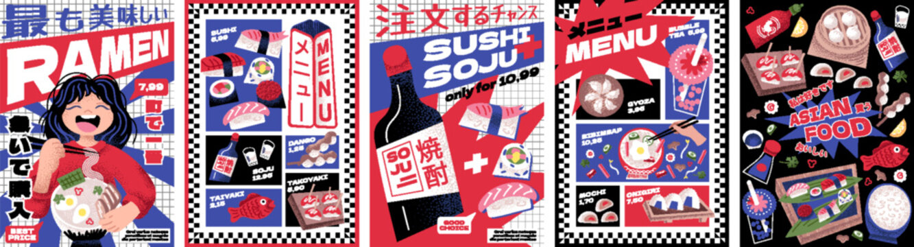Bold Asian food poster set featuring ramen, sushi, soju, takoyaki, dumplings, character and bold modern graphics. Vibrant Japanese and Korean street food style for menu, ads, and restaurant branding.
