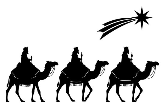 Silhouette illustration of the three wise men riding camels following the star of Bethlehem for the Christmas nativity story
