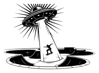 UFO alien spaceship abducting skateboarder silhouette from skate park ramp scene black and white sci-fi vector illustration © Logan