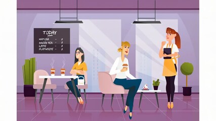 A cozy coffee shop scene with three women, one serving drinks and two enjoying their beverages. The menu features matcha and green tea.