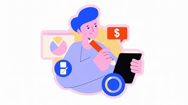 A person analyzing financial data with charts and a tablet, featuring dollar signs and checkmarks.