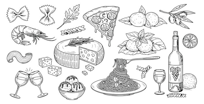 Italian food sketch pasta pizza wine and more