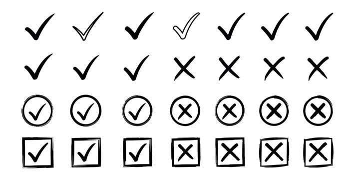 Hand drawn check marks and cross marks collection
