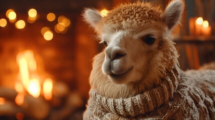 Obraz premium Adorable Alpaca Wearing a Cozy Sweater by a Warm Fireplace.