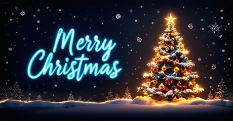 Bright Christmas tree glows against dark winter landscape. Festive neon text proclaims holiday cheer. Snowflakes fall gently.