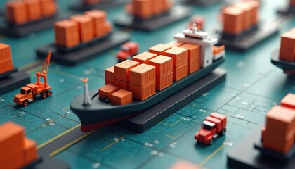 Toy cargo ship with orange containers sails on blue digital map. Tiny red trucks and cranes move goods. Global trade network simulation with miniature logistics assets.