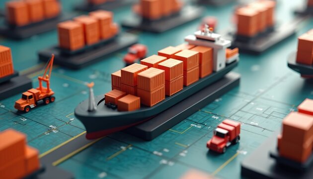 Toy cargo ship with orange containers sails on blue digital map. Tiny red trucks and cranes move goods. Global trade network simulation with miniature logistics assets.