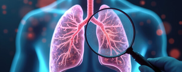 Magnified view of diseased human lung showing cellular mutations and damage. Medical professional examines internal respiratory system structure for disease diagnosis and treatment research.