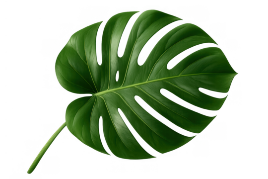 Monstera leaf with iconic splits and holes, representing exotic flora, wellness, and tropical design, with a transparent background