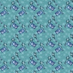 Cute green pattern with heart keys and love letters on a snowy winter background. Ideal for seasonal prints, wrapping and stationery.