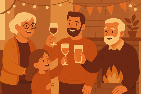 Mood family golden garlands vector lighting drinks joyful illustration creating festive gentle