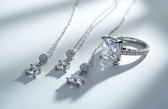 Jewellery photo with diamond ring and necklaces. Silver accessories with shining gemstones displayed. Elegant set of jewelry in product shot on white background. Beauty and luxury.