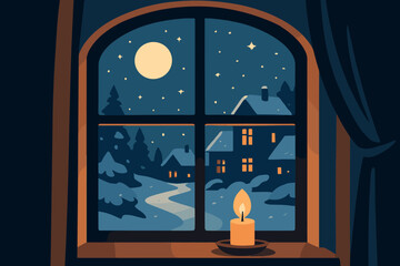 Window showing vector winter peaceful filling moonlit atmosphere serenity glow scene snowy