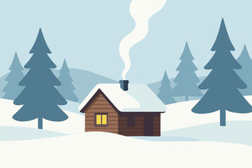 Minimalistic vector cabin around smoke snowy scene serenity calm wooden trees white