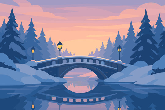 Bridge winter scene vector hues illustration pine ice trees wonderland calm reflecting