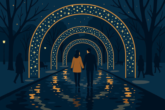 Illustration paths hand vector lights glimmering walking under glowing stroll night reflections