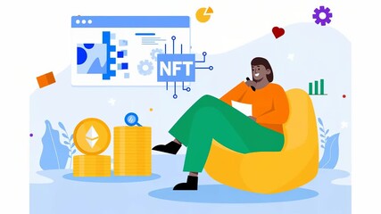 A person sitting on a bean bag, discussing NFTs with digital coins and graphs in the background.