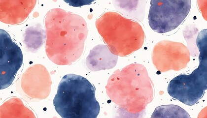 Abstract watercolor shapes in pink, purple, blue tones create playful, organic pattern with subtle paint splatters. This fluid design offers vibrant, artistic backdrop for various creative projects.