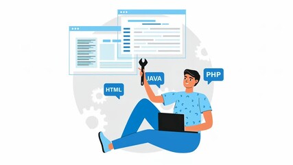 A person sitting with a laptop, holding a wrench with programming languages and coding elements in the background.