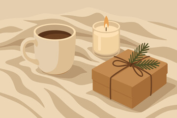 Candle mug vector morning still illustration light fabric linen box christmas conveying
