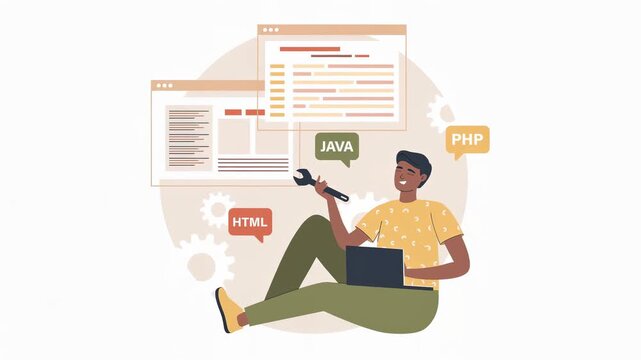 A person coding on a laptop surrounded by programming language tags like Java, PHP, and HTML.