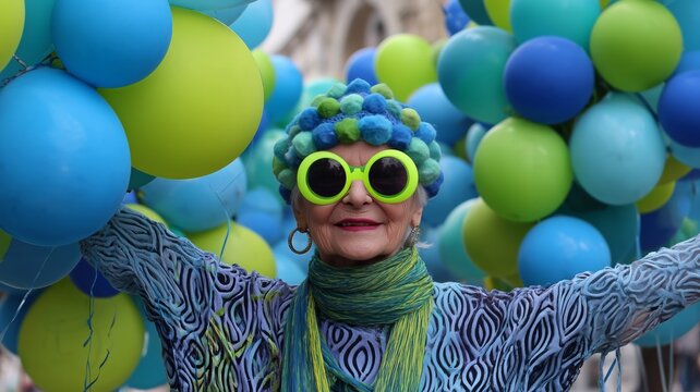 A joyful person with colorful glasses and a blue wig stands amidst vibrant balloons, radiating energy, celebration, festivity, joy, playful exuberance. The happy life of the elderly.