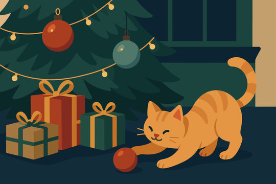Ornaments quiet illustration reflecting peaceful feline vector fun tree charm festive cat