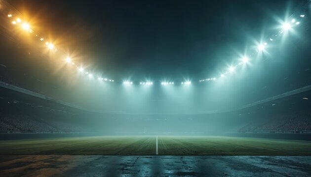 Spectacular image of a stadium at night. Bright lights illuminate the arena through the smoke. Empty field is ready for the game. Atmospheric shot of a sports event.