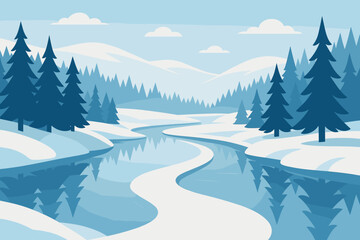 Winding minimal frozen mirrored trees vector serenity winter river composition illustration reflections