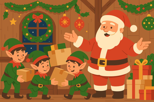 Wooden cheerful illustration brightening vector around s decorations workshop teamwork structure santa