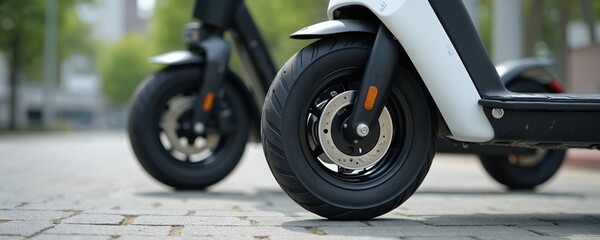 Two electric scooters parked on city pavement. Modern urban transport uses clean energy for travel and commuting. Eco friendly personal mobility devices.