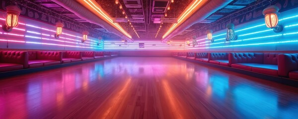 Retro roller skating rink with neon lights. Red booths line walls with wood floor reflecting pink and blue glow. Entertainment venue for dance and music parties.