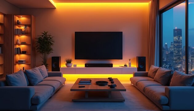 Modern living room offers cinematic experience with smart TV, surround sound. Ambient lighting creates cozy atmosphere. Floor to ceiling window provides city view. Comfortable sofas invite