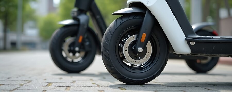 Two electric scooters parked on city pavement. Modern urban transport uses clean energy for travel and commuting. Eco friendly personal mobility devices.