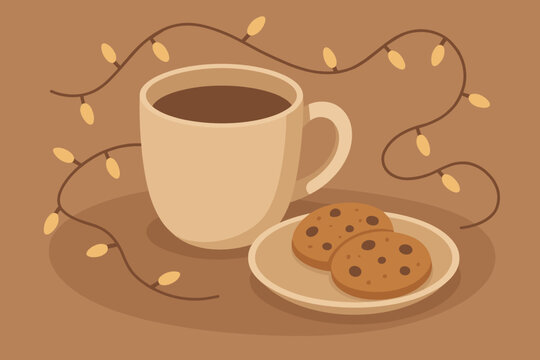 Winter scene cup cocoa calm harmonious simplicity comfort expressing vector illustration cookies
