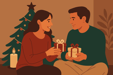 Near decorated intimacy illustration shared vector candlelight sitting exchange couple faces gift