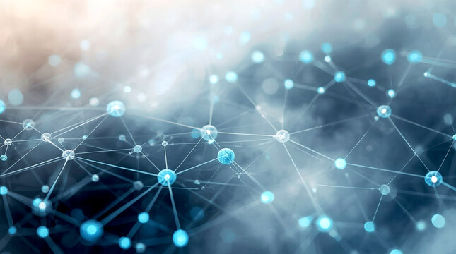 Abstract network of glowing connected nodes on a dreamy blue-pink background, representing digital communication, data flow, futuristic technology, and modern AI connections in a clean minimal style
