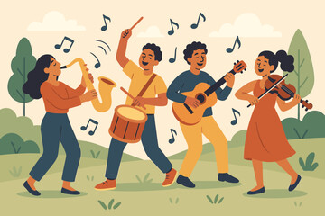 Motion musicians small joyful music illustration instruments implied creative energy group vector