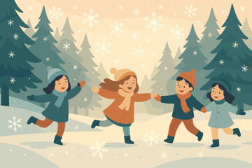 Fototapeta premium Snowy morning children dancing trees pine winter soft dance delight vector magical