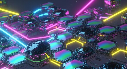 Abstract hexagonal grid with neon lights showcasing futuristic technology and iridescent reflections