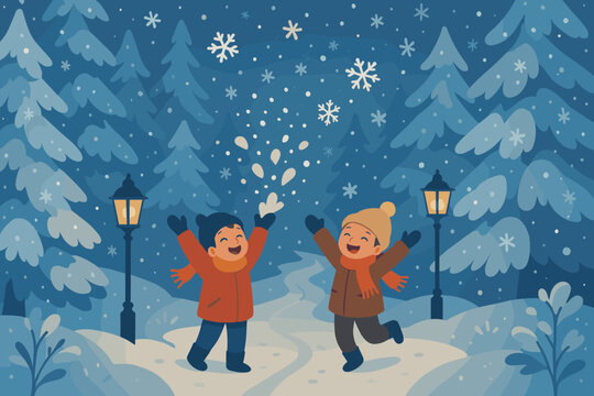 Vector snow illustration tossing soft lanterns trees frost winter scene joyful snowflake