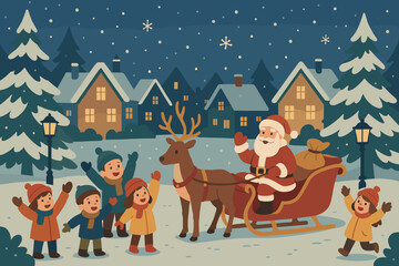 Night pine cheering landing vector s illustration trees joyful lanterns santa snow