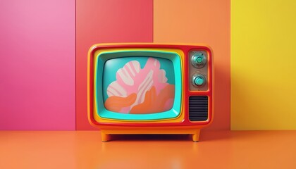 Illustration presents retro television against bright background. Vintage TV has colorful design with abstract art screen. Old fashioned electronic device perfect for creative projects.