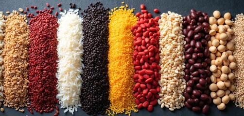 Diverse collection of grains and legumes. Various types of rice beans lentils arranged together. Healthy food ingredients for cooking diet. Protein rich vegan vegetarian food.