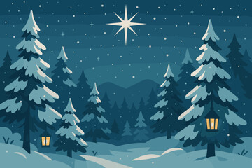 Bright soft glow illustration dusted winter star vector snowflakes forest night mountains