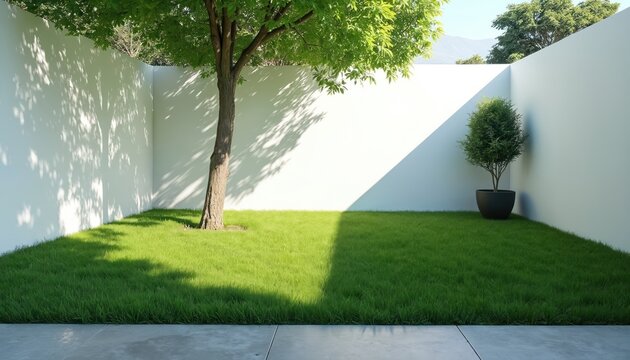 Clean, modern backyard features lush green grass, a tree casting shadows, and a minimalist white wall. A potted plant adds plants in a simple outdoor space.
