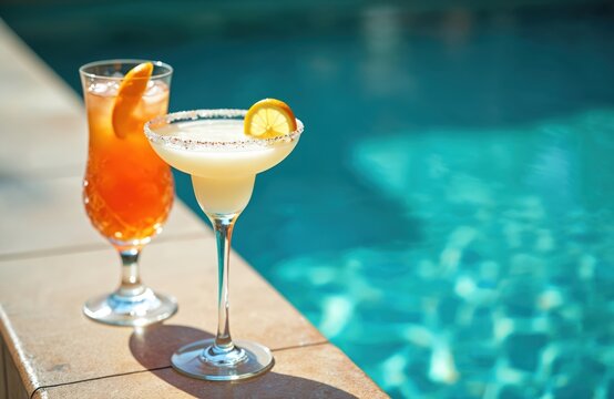 Two colorful cocktails rest on poolside edge. One drink is a margarita with salt rim and lemon. Another drink is tall with orange slice and ice. Clear blue water beckons relaxation and cool.