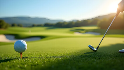 Golfer Preparing to Tee Off with Club and Ball on a Sunny Green Course