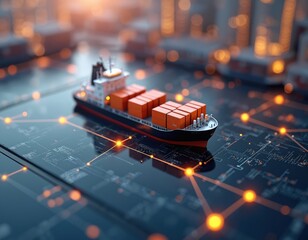 Cargo ship with orange containers navigates digital global network over city skyline. Supply chain analytics, data points connect transport routes, logistics management systems.